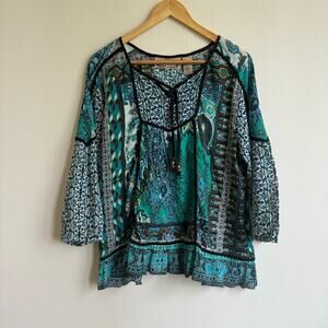 Life Style Petite 100% Cotton Blue Green Boho Peasant Blouse Size PXL